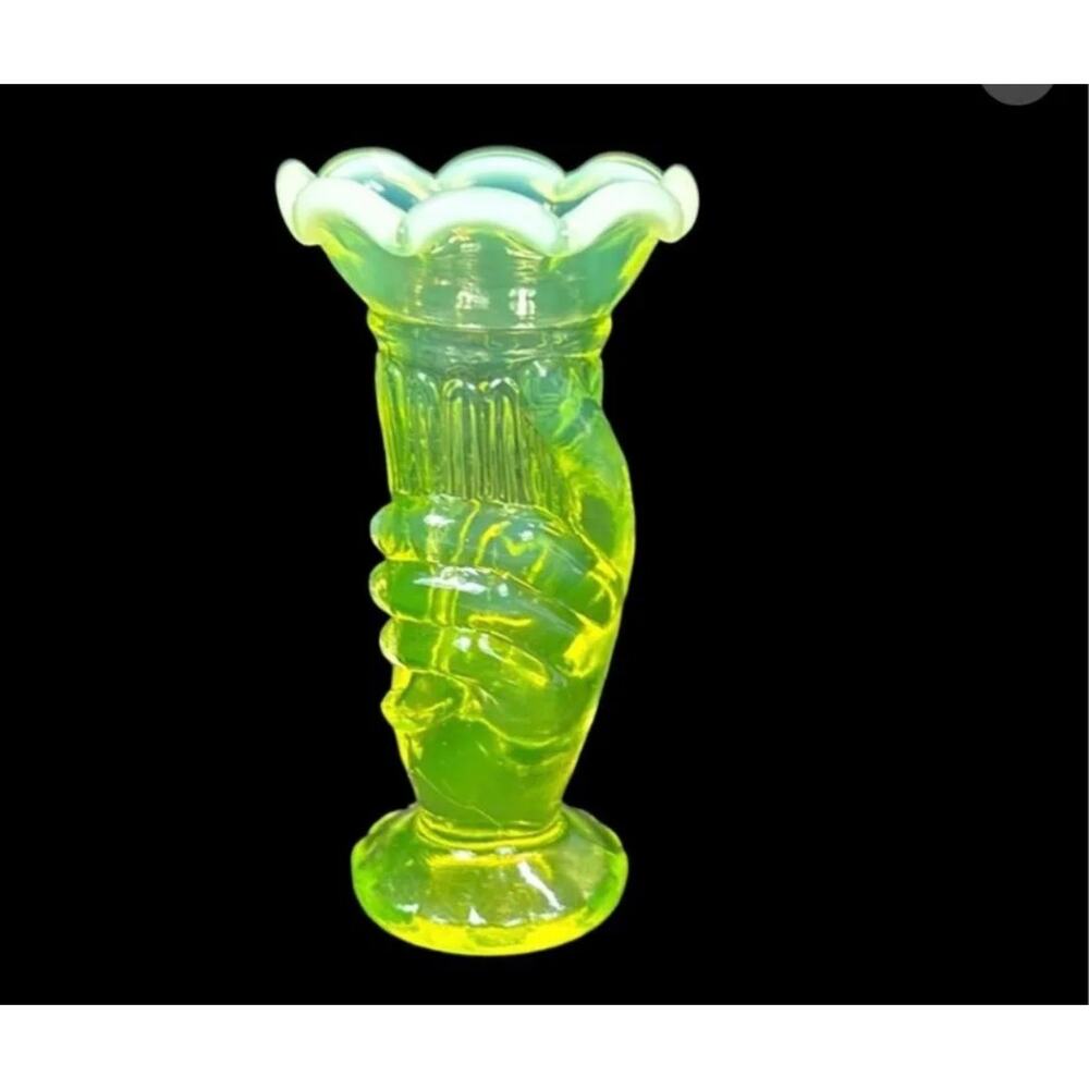 Vintage Uranium Vaseline Glass HAND Vase Scalloped Ruffled Rim 4"H - GLOWER